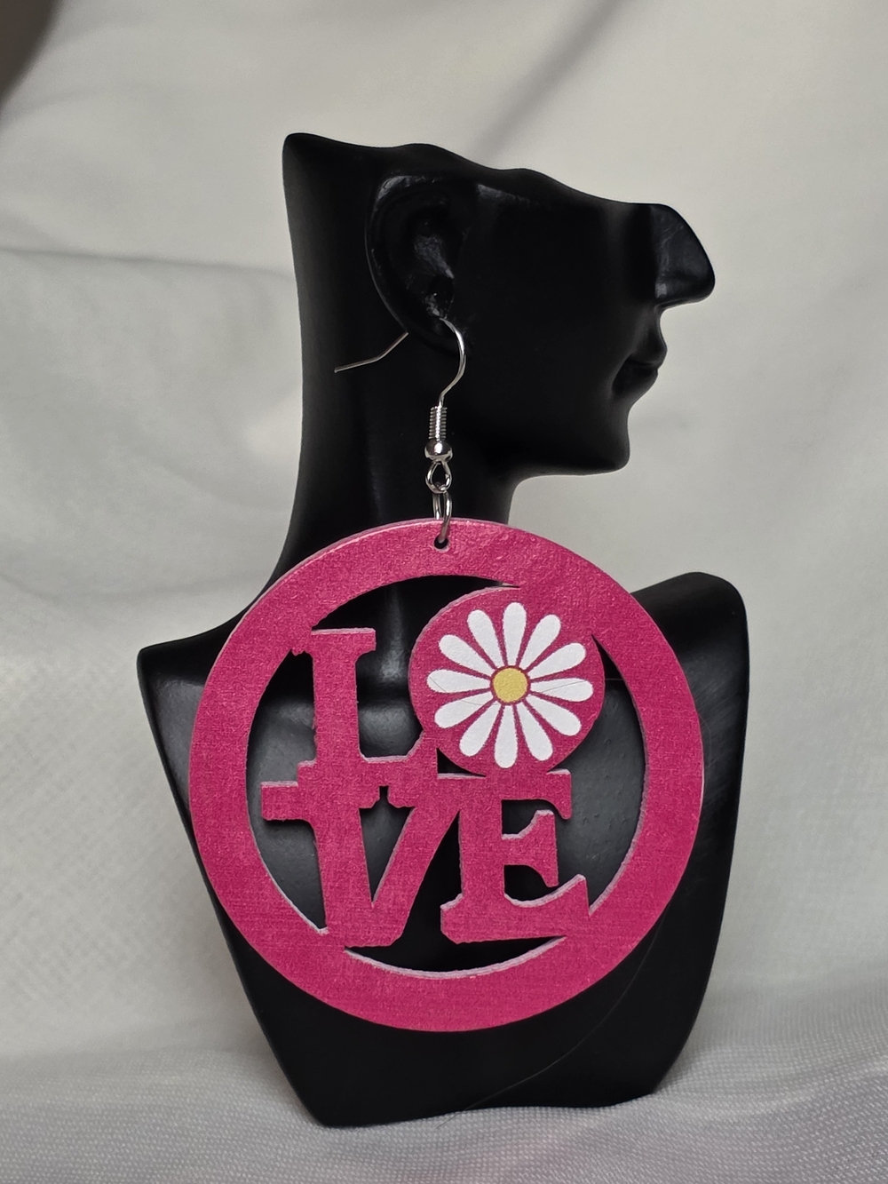 Fashion Jewelry Pink 'LOVE' Wooden Drop Earrings with Daisy Accent